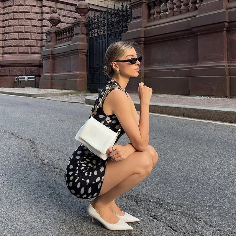 LIZAKOSHT  -  Women Sleeveless Polka Dot Mesh Tank Dress Ladies Chic Half High Collar High Waist Bodycon Short Party Dresses Streetwear