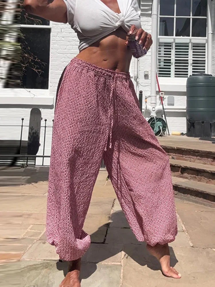 LIZAKOSHT  -  Elastic Drawstring Plaid Jogger Bottom Grid Thigh Cut Ankle Cuffs Summer Autumn Indoor Casual Lady  Vintage Cozy Outfit