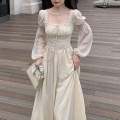 LIZAKOSHT  -  Elegant Square Collar Chiffo Dresses 2025 New Long Sleeve Dress for Women Y2k Early Autumn Slim Waist Vestidos De Mujer