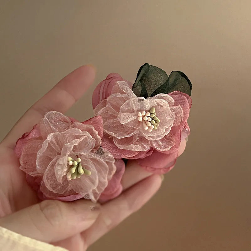 Lizakosht Oversize Pink Color Block Lace Flower Wedding Bride Stud Earring For Women Elegant Floral Charm Big Earring Jewelry