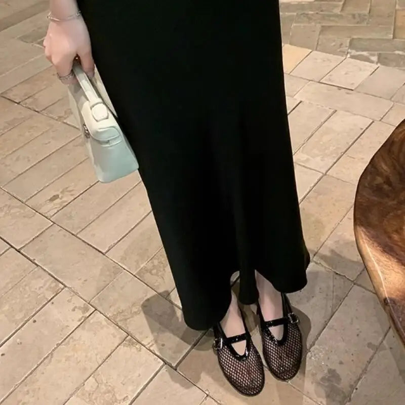 LIZAKOSHT  -  Summer Fashion Designer Rhinestones Round Toe Mary Janes Women Flat Mesh Sandals Buckle Strap Comfortable Outdoor Dress Shoes
