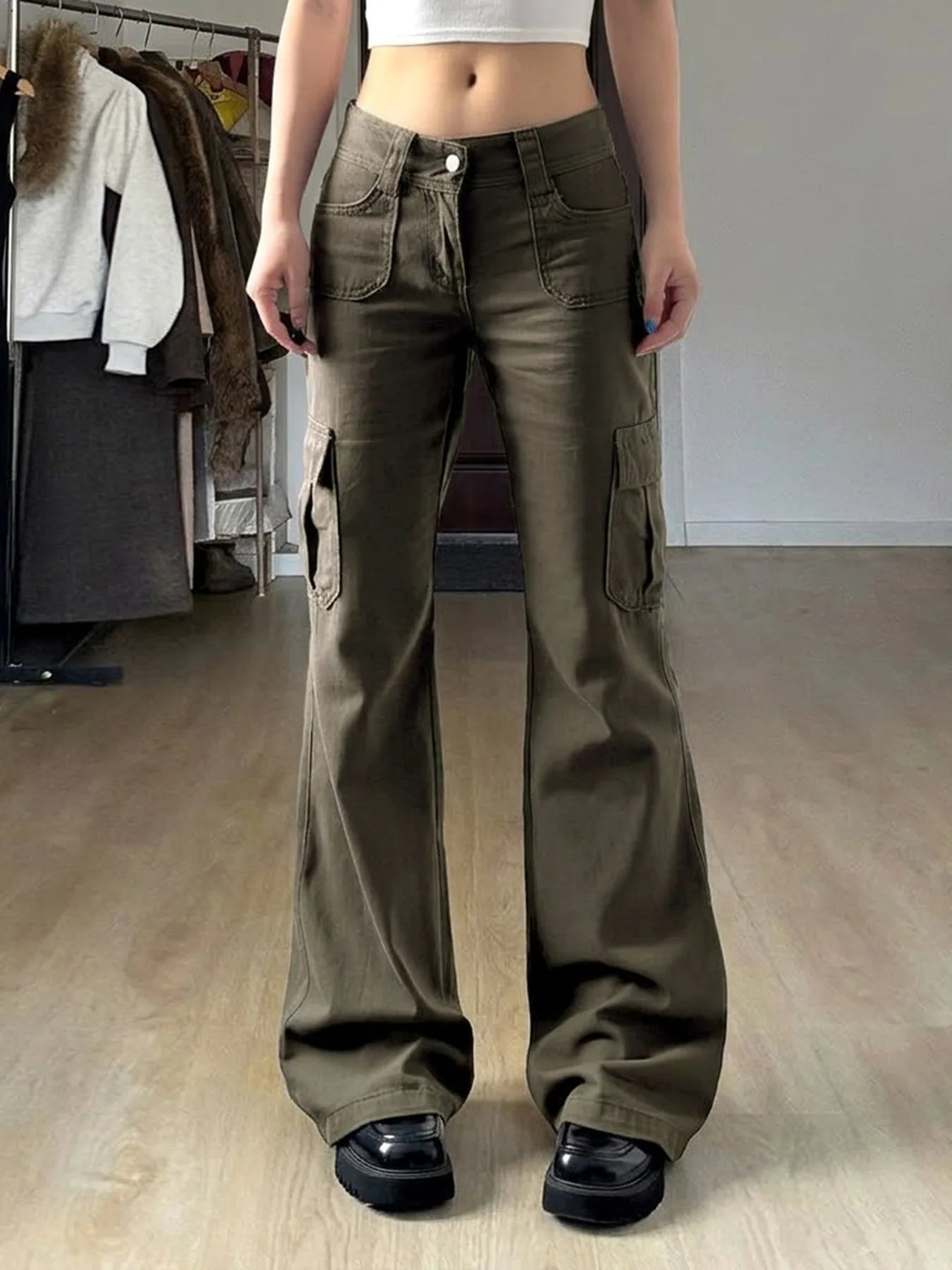 LIZAKOSHT  -  Vintage Low Rise Cargo Flare Pants Multi Pocket Streetwear Trousers