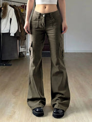 LIZAKOSHT  -  Vintage Low Rise Cargo Flare Pants Multi Pocket Streetwear Trousers