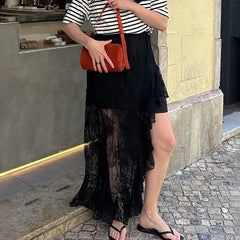 LIZAKOSHT  -  Summer New Irregular Black Sexy Design Lace High Waist Slimming and slimming Split Skirt