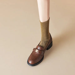 LIZAKOSHT  -  Women's British Shoe Autumn New Thick Heel Women Leather Shoe Versatile Anti Slip Women Casual Shoes Gold Buckle Women's Loafers
