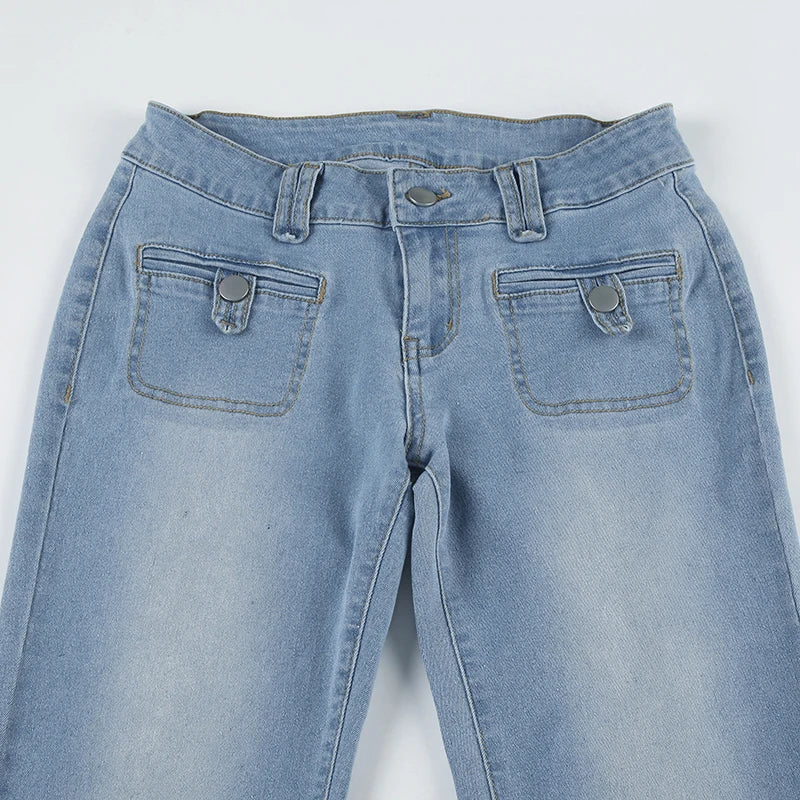 LIZAKOSHT  -  Front Pockets Cargo Flared Jeans Women Hotsexy Washed Color Slimming Low-rise Boot Cut Denim Pants Streetwear Y2K Pants