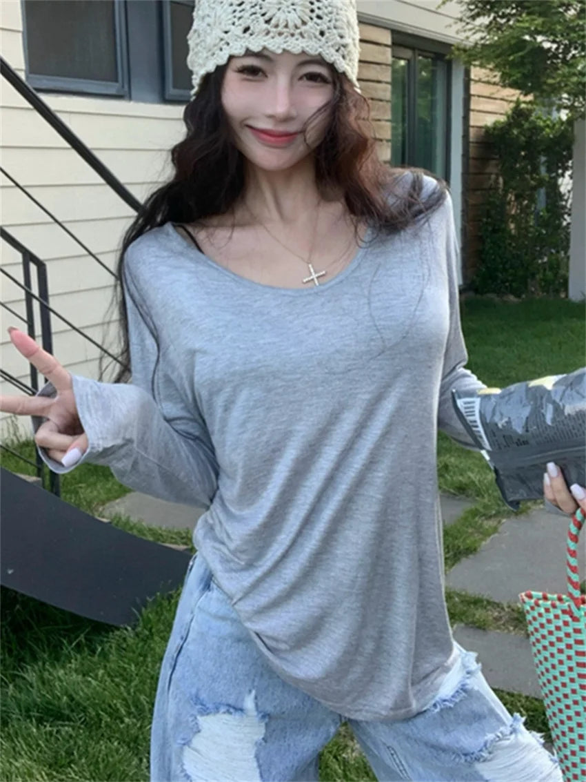 LIZAKOSHT  -  Minimalist T-Shirts Women V-Neck Chic All Match Summer Full Sleeve Loose New 2024 Casual Daily Sunscreen Tees