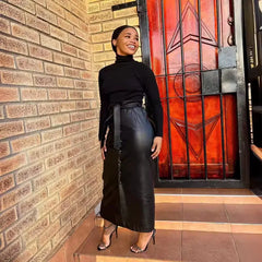 LIZAKOSHT  -  New Women's Autumn and Winter Mid Length Skirt, Black PU Leather Bag Hip Skirt, Button Slit Half Body Leather Skirt with Belt