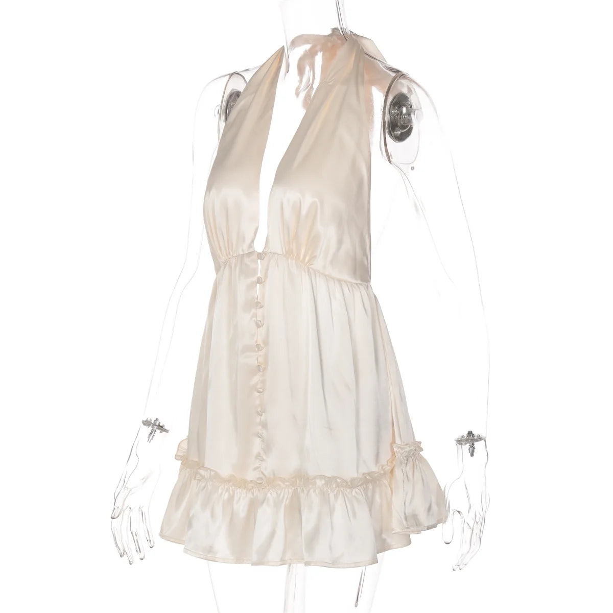 LIZAKOSHT  -  Sexy Deep V-neck Backless Champagne Party Club Dresses Women Halter Bandage Sleeveless Tunics Buttons Short Evening Dress