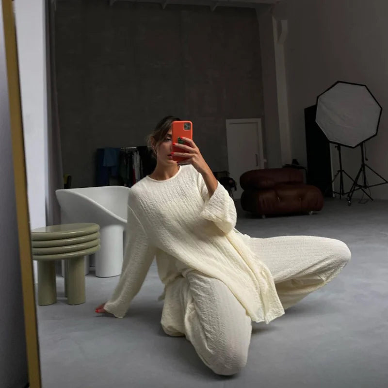 Lizakosht Women Pleated Outifits Casual Long Sleeve Matching Wide Trousers Suit Oversized 2 Piece Sets Vintage High Wasit Pant Set