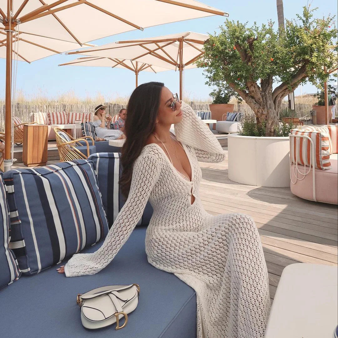 Lizakosht Casual Crochet Long Sleeve Backless Sexy V-Neck Bodycon Elegance Evening Dress Autumn Hollowed Out Beach Knit Long Dress