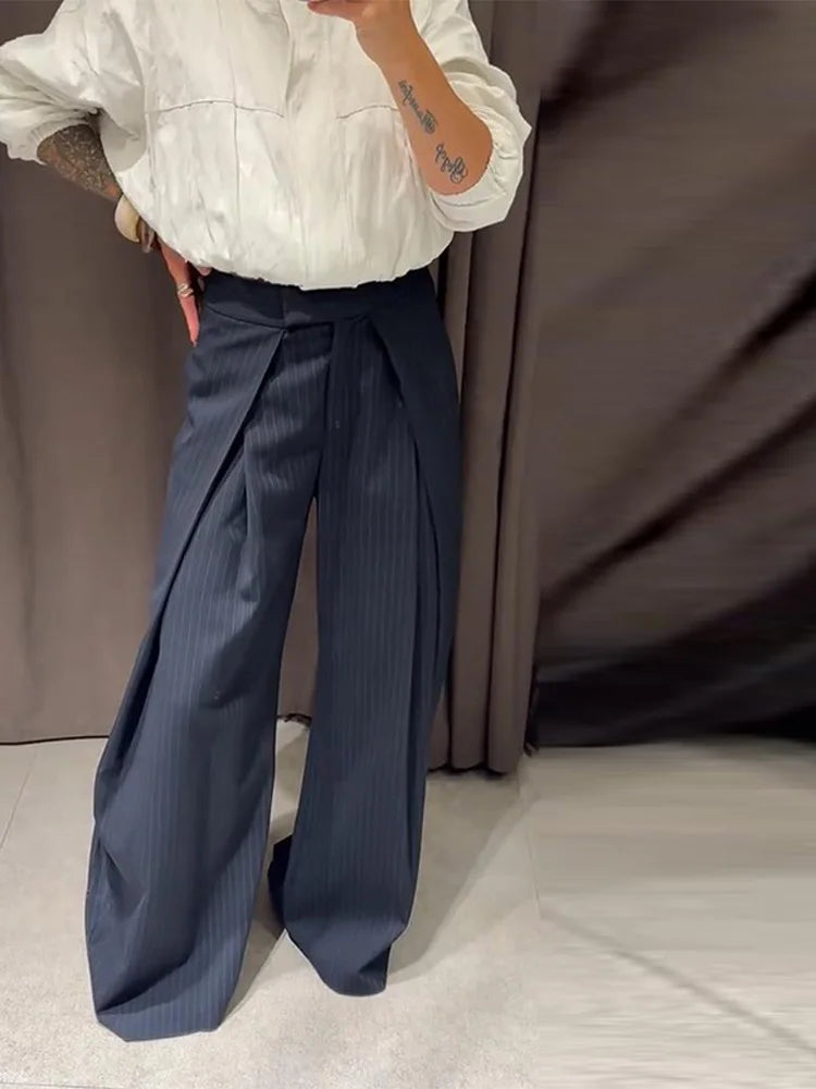 LIZAKOSHT  -  High Waist Striped Wide-Leg Pants For Woman Loose Irregular Floor-Length Trousers Single Bitton Pockets Fashion Casual Clothes