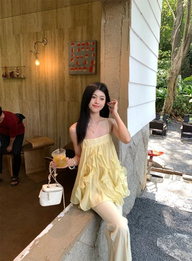 LIZAKOSHT  -  Camis Women Sweet Ruffles Patchwork Slash Neck Backless Summer Fashion Solid Tank Tops Female French Style Chic