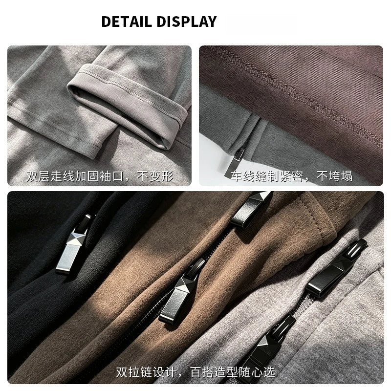 LIZAKOSHT  -  Zip Up Solid Drawstring Hoodie Sweatshirts Double Zip Women Autumn Pockets Oversized Outerwear Sporty Korean Sweatshirts Coat