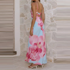 LIZAKOSHT  -  Women's sexy V-neck sleeveless long dress with printed summer fashion beach dress Bohemian casual backless dress