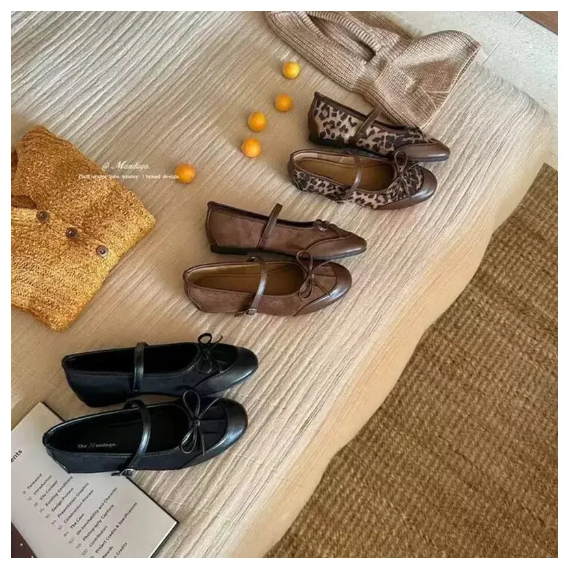 LIZAKOSHT  -  Autumn Fashion Leopard Print Flats Shoes Women Ankle Strap Flats Square Toe Bow Knot Leisure Soft Comfort Female Mary Janes