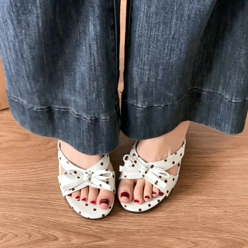 LIZAKOSHT  -  Street Style Satin Butterfly-knot Women Slippers Fashion Polka Dot Thick Heels Party Dress Slide Ladies Summer Polka Dot Shoes