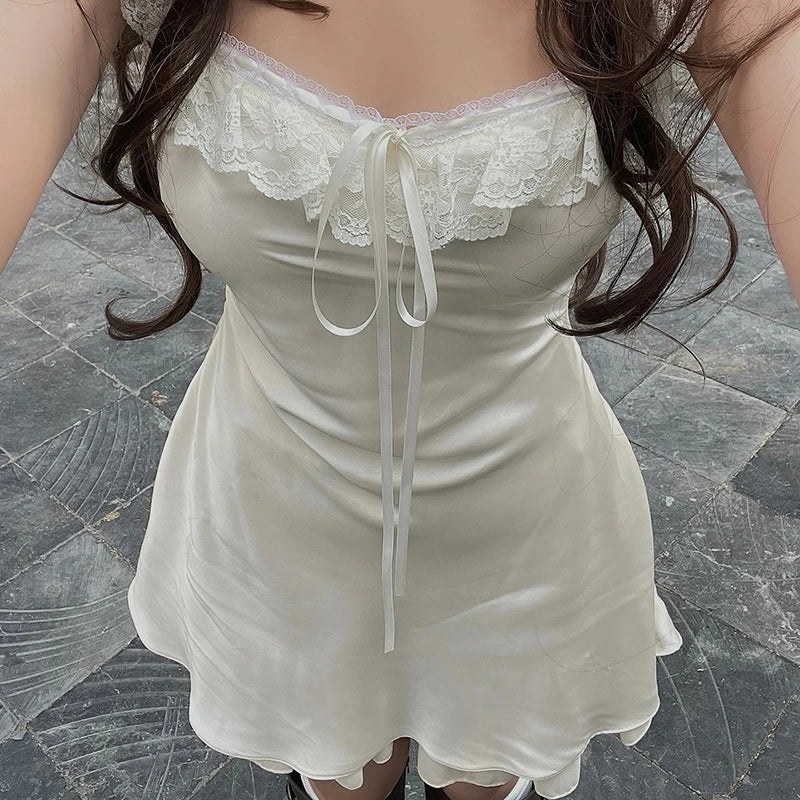 LIZAKOSHT  -  Women Elegant Lace Ruffles Trim Square Collar Sundress White Sleeveless A-line Short Dress Summer High Street Outfits