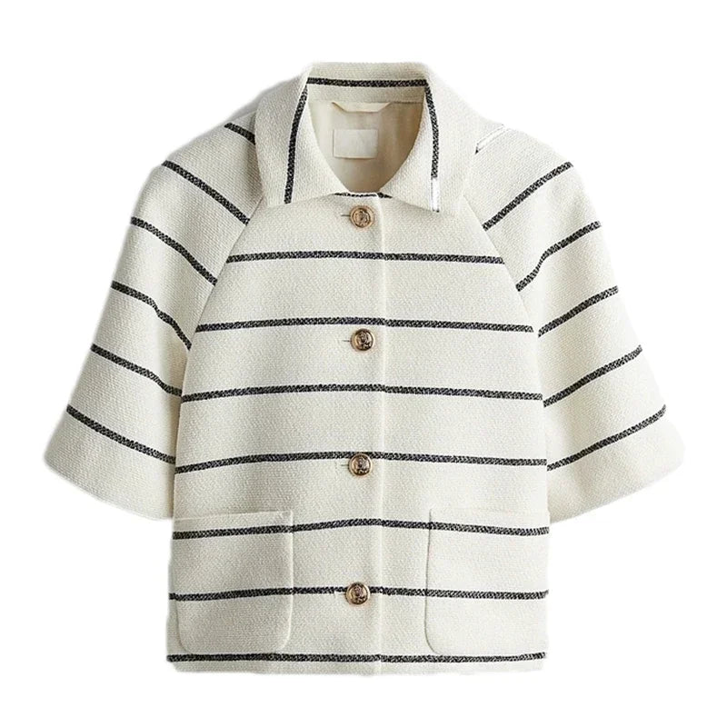 LIZAKOSHT  -  Casual Striped Shorts Set Women Lapel Single Breasted Half Sleeve Tops Pockets Mini Shorts Outfit 2025 Summer Fashion Lady Sets