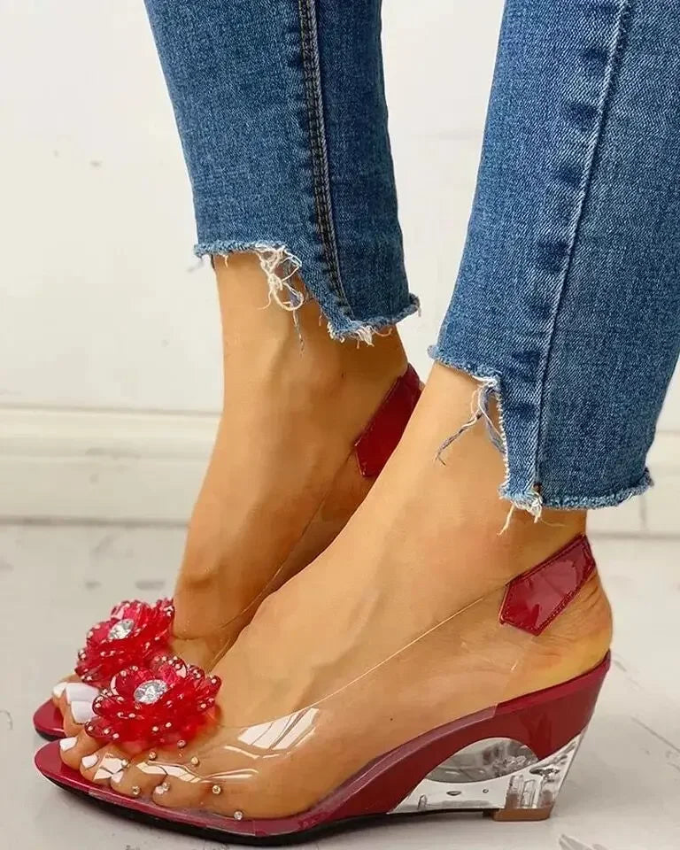 LIZAKOSHT  -  Large Size Female Sandals Summer New Rhinestone Wedge Heel Sweet Flowers Transparent Waterproof  Leisure Women's Jelly Shoes