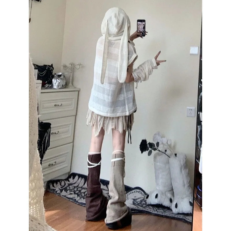 LIZAKOSHT  -  Y2k Harajuku Women's Kint Sweater Rabbit Ear Knitwear Hollow Out Grunge Pullovers Spring Oversize Gothic Jumper Korean