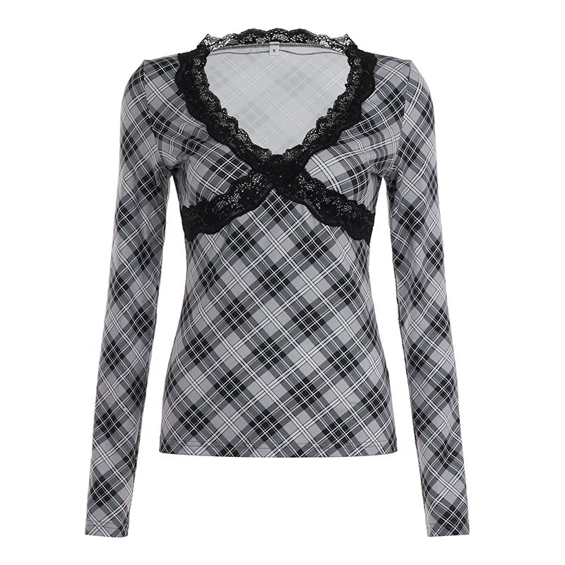 LIZAKOSHT  -  Y2K Lace Lace T Shirt Women Deep V Neck Plaid Long Sleeve Slim Fit Slimming Fashion Inner Top Pure Desire Sweet Style