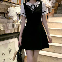 LIZAKOSHT  -  Women's Summer Preppy Style Sweet Drawstring Letter Bow Polo Collar Patchwork Fake Two Pieces Short Sleeve Slim A-line Dresses