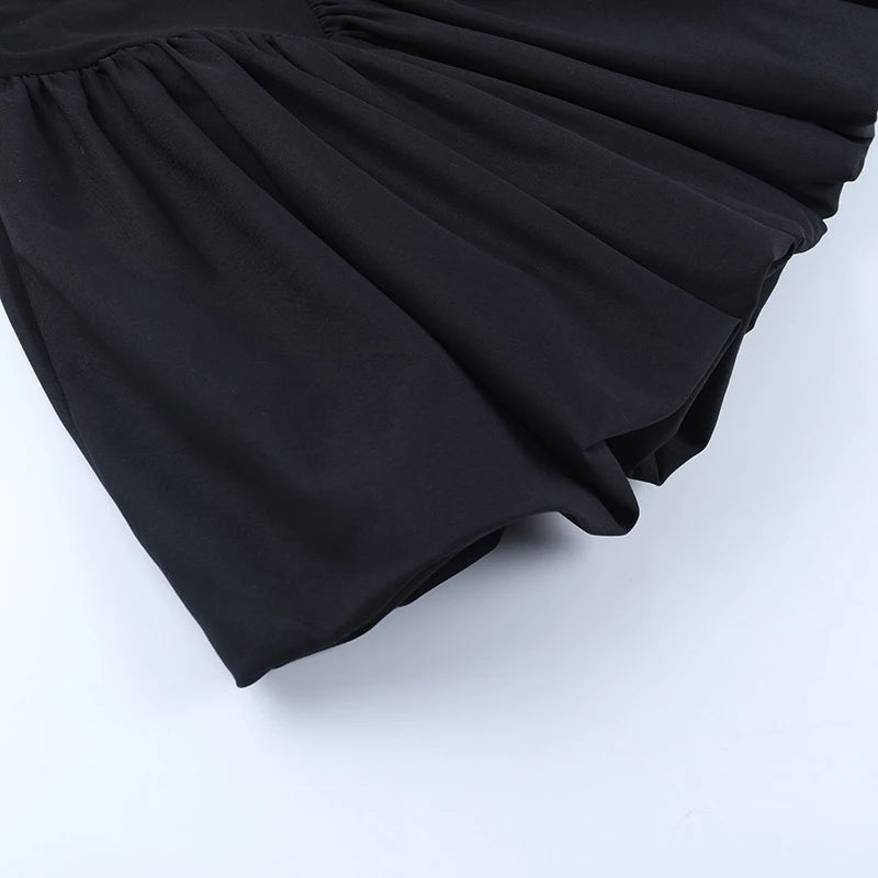 LIZAKOSHT  -  Classic Black Princess Fluffy Dress For Women Elegant Crew Neck Long-sleeved High Waist Pleated Mini Gowns Party Streetwear