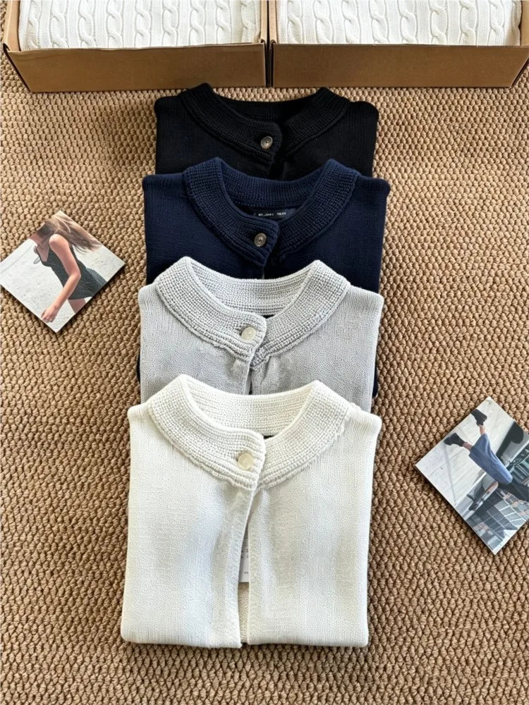 LIZAKOSHT  -   Sweet White Knitted Cardigan Women Simple Cotton Single Button Neckline Short Sleeve Sweater Vintage Preppy Style Outfit Top Y2K