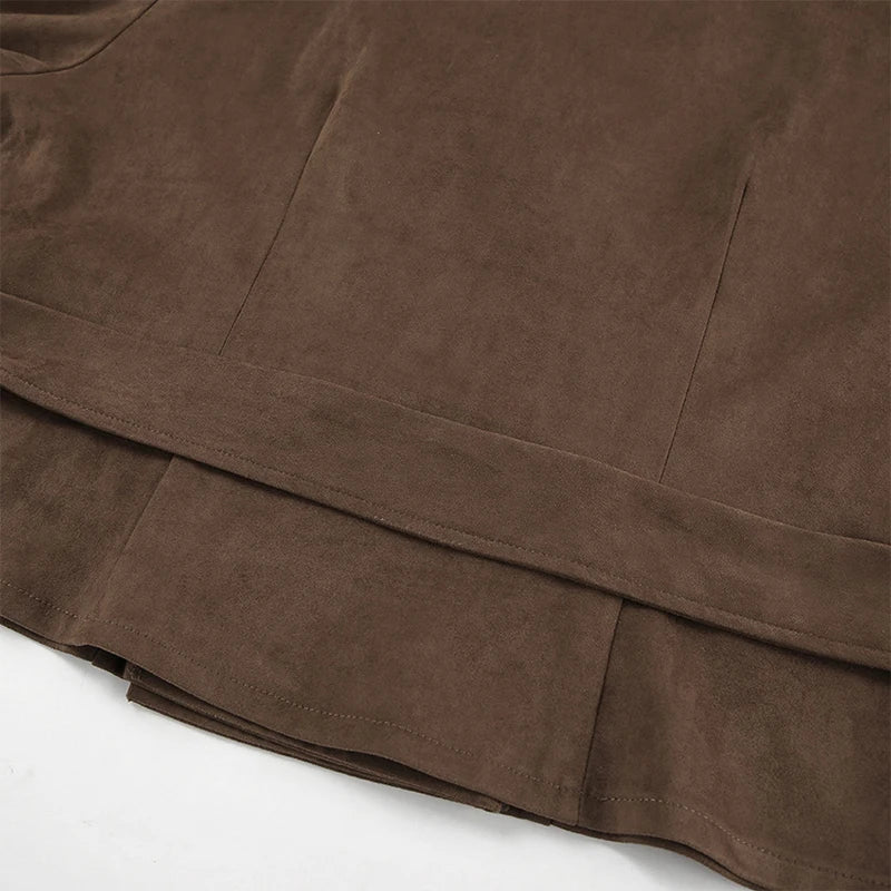 LIZAKOSHT  -  Retro Brown Lace Up Shorts Suede Jacket Elegant Female Lapel Long Sleeves Slim Coats Autumn Chic Lady High Street Outwear