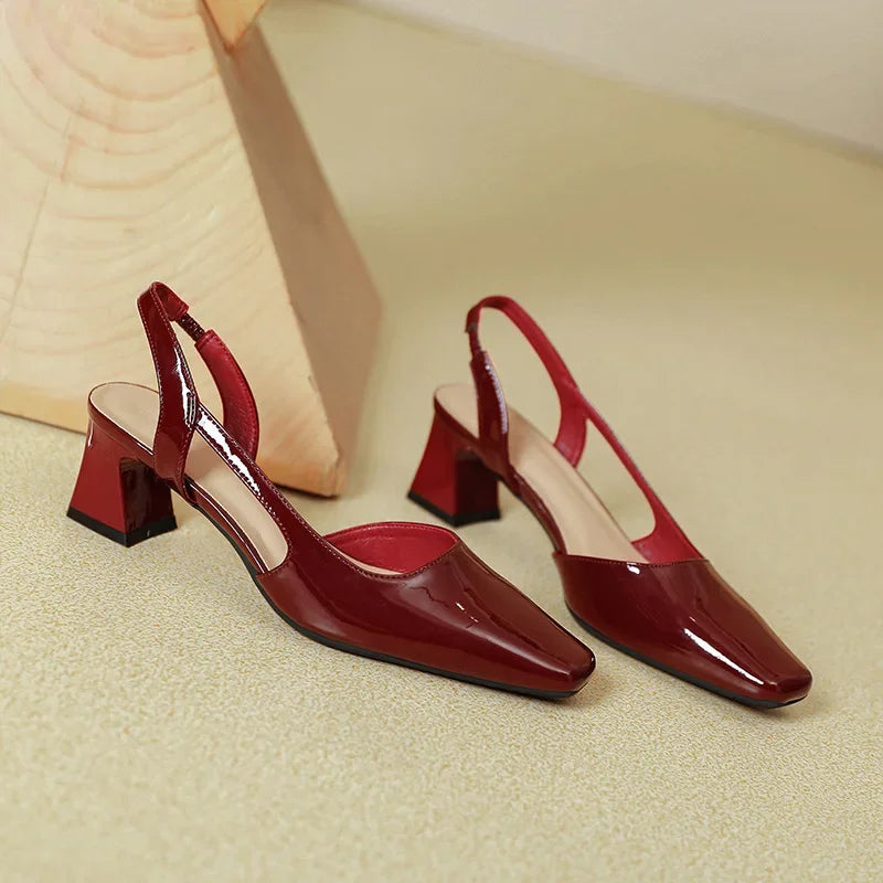 LIZAKOSHT  -  Patent Leather Chunky Sandals Women Square Toe Pumps Elegant Office Women Shoes Comfort Leisure Fashion High Heels Sandals Women