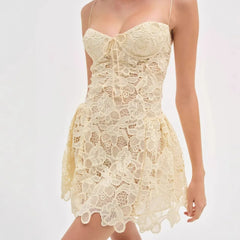 LIZAKOSHT  -  Sexy Lace Elegant Dress Women Strap Slim Vintage Evening Party Mini Dress Female Bow Design Korea Style Chic Outfit