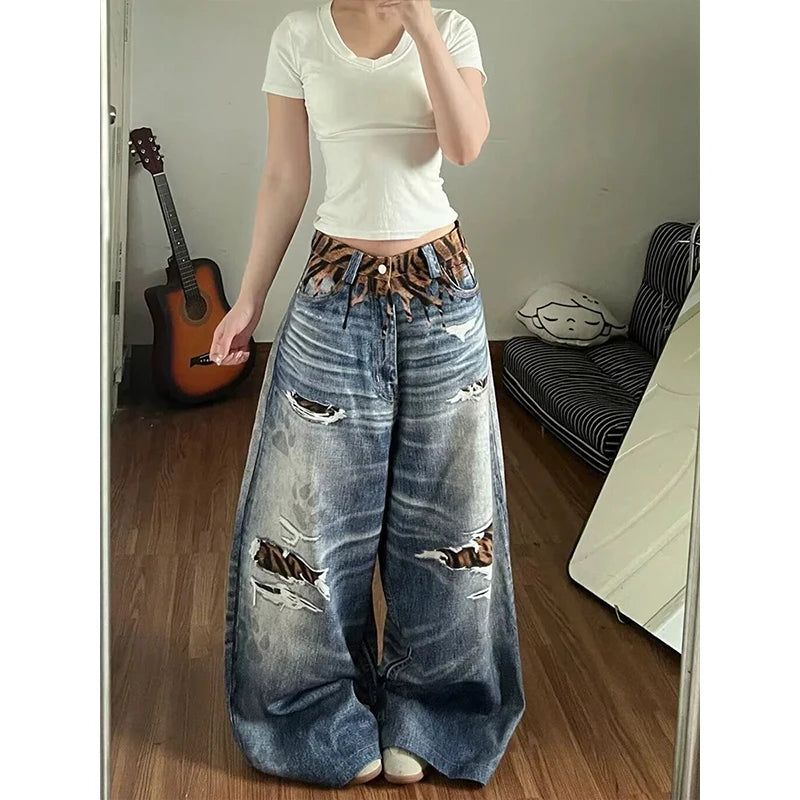  LIZAKOSHT  -  American-style tough lady striped ripped printed denim pants for women, new style, niche, loose, wide-leg,curved-cut pant