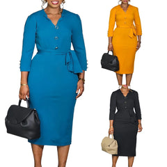 LIZAKOSHT  -  Women's Fashion Bodycon Midi Dress Long Sleeve V-Neck Autumn Casual Business Elegant Office Ladies Work Church Dresses