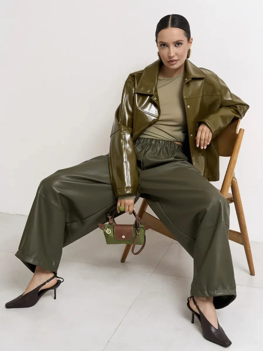 LIZAKOSHT  -  Womens Autumn Winter PU Lantern Pants Elegant Lazy Drawstring Casual Army Green Wide Leg Leather Pants