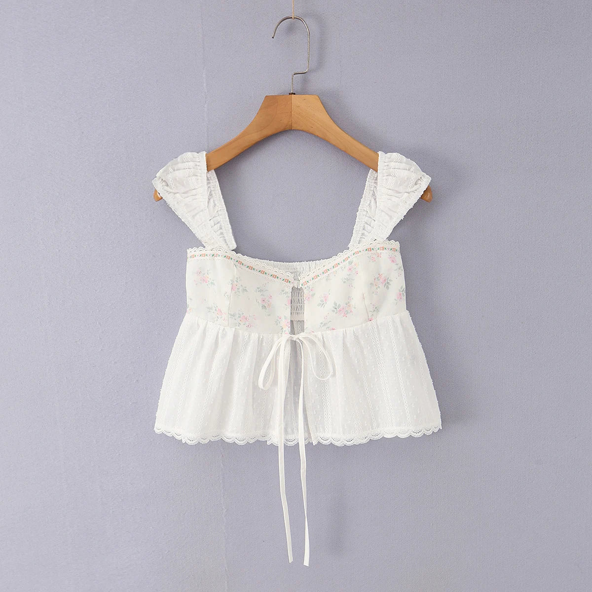 LIZAKOSHT  -  Sexy White Spliced Floral Print Elastic Strap Tank Top Women Hook Buttons Lacing Up Bow Front Elastic Back Crop Vest Beach