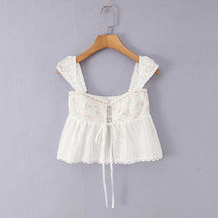 LIZAKOSHT  -  Sexy White Spliced Floral Print Elastic Strap Tank Top Women Hook Buttons Lacing Up Bow Front Elastic Back Crop Vest Beach