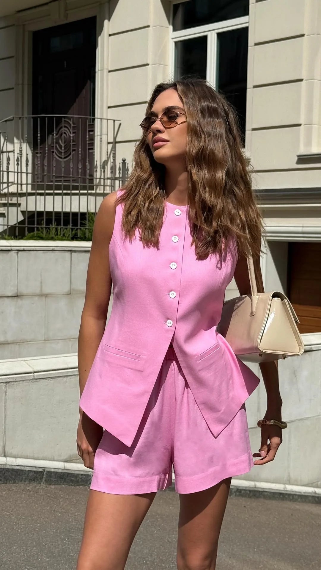 LIZAKOSHT  -  Women Elastic Waist Pant Sets Vintage Single Breasted O Neck Waistcoat Tops + Slim High Waist Shorts Summer Office Lady Suits