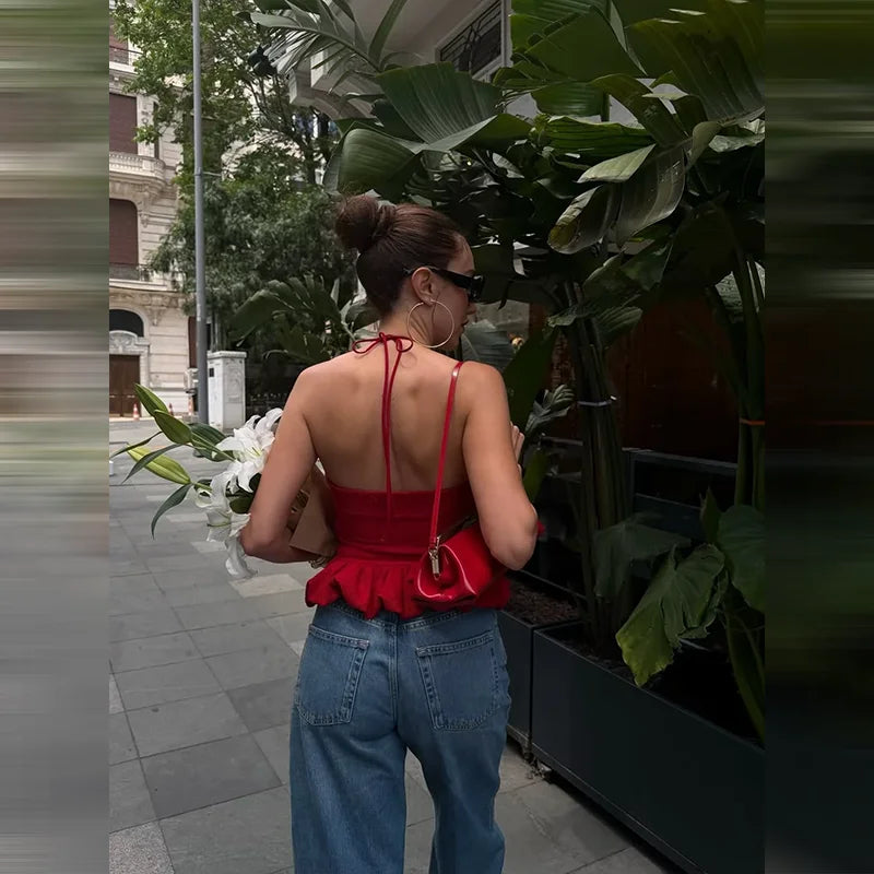 LIZAKOSHT  -  Red Halter Backless Ruffle Crop Top Women Ruched Bust Frill Hem Slim Fit Summer Casual Y2K Sleeveless Camisole for Beach Date