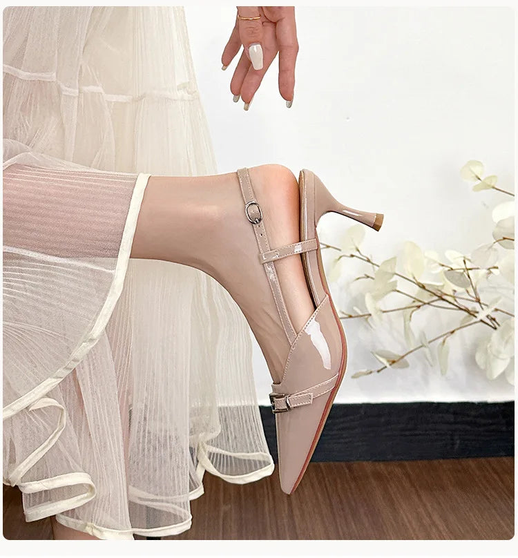 LIZAKOSHT  -  pointed toe japanned leather women sandals metal buckle slingback high heels summer shoes woman cutout sandalias de tacón
