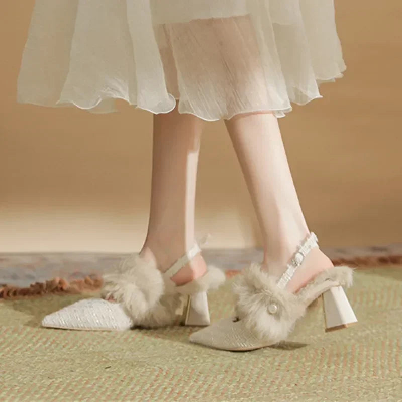 LIZAKOSHT  -  Fashion Winter Furry Warm Sandals Women 2025 Sexy Pointed Toe Chunky Heel Women Pumps Luxury Brand Design Elegant High Heels