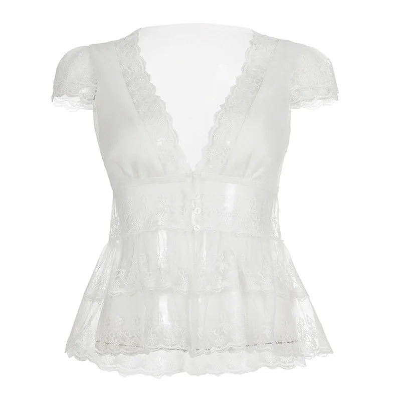 LIZAKOSHT  -  V-neck Lace Splicing Slim Top New Slim Solid Color Short-sleeved T-shirt