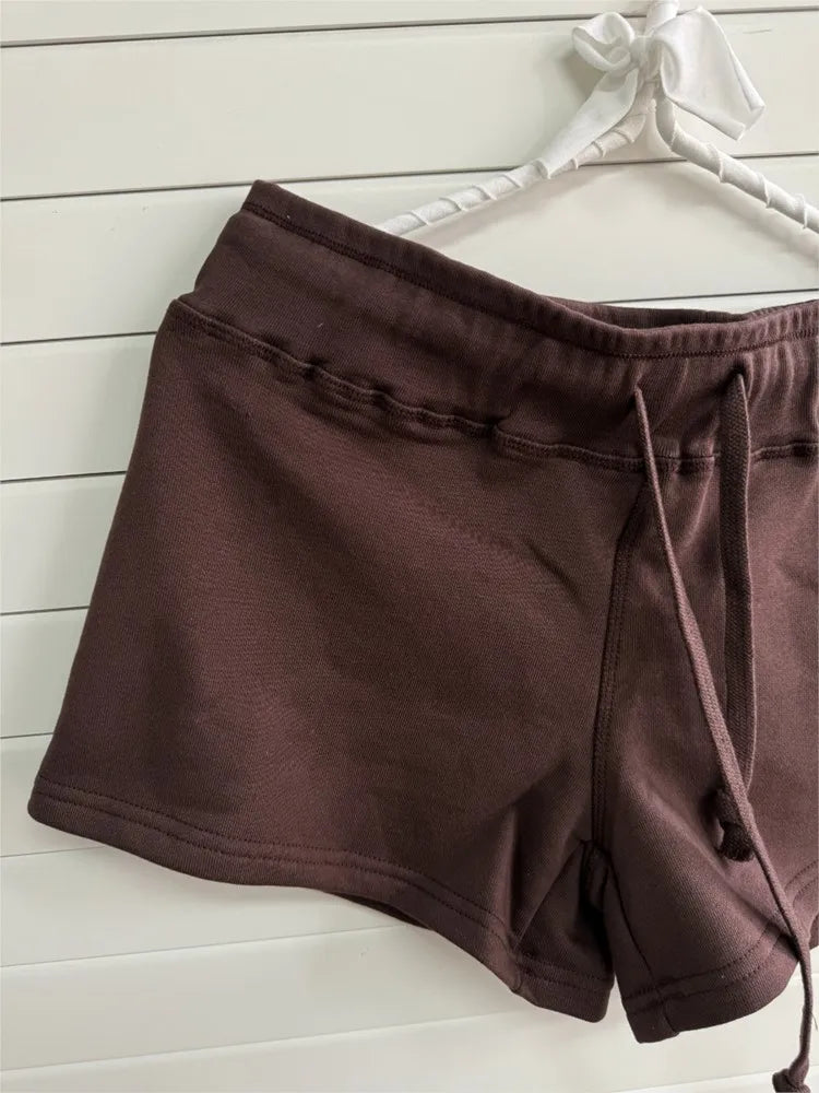 LIZAKOSHT  -   Brown Cotton Drawstring Short Pants Women Summer Simple Basic Straight-leg Shorts Sweet Preppy Style Sport Sweatshorts Y2K