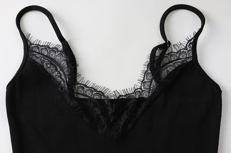 LIZAKOSHT  -  Women Sexy Solid Lace Patchwork Ribbed Camisole Bodycon Mini Dress V Neck Spaghetti Straps Backless Slim Wrap Hip Party Clubwear