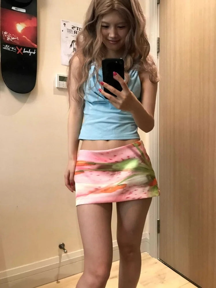 LIZAKOSHT  -  Y2k Aesthetic Mini A-Line Skirt Pink Printing Streetwear Saldas Mujer Moda 2024 Harajuku Zipper Grunge Skirts Women Summer Saia