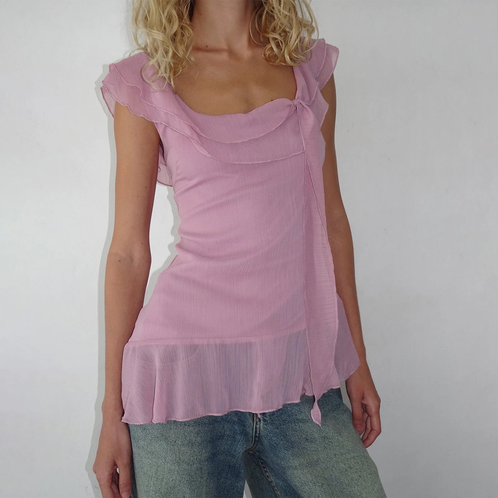 LIZAKOSHT  -  Y2K Fairy Crop Tops Women Ruffle Trim Tank Tops Sleeveless Square Neck Solid Color Chiffon Tops Vest Summer Shirts
