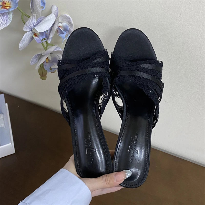 LIZAKOSHT  -  Satin Lace Narrow Band Woman Slippers Fashion Elegant Thin Heels Female Shoes Summer Slides Zapatos De Mujer