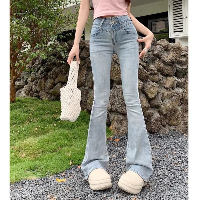 LIZAKOSHT  -  Bow Flare Jeans Women Blue Slim Fit Streetwear Vintage 90s Y2k Streetwear High Waist Straight Denim Trouser Korean Tight Pants