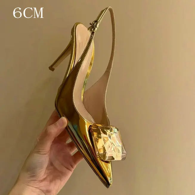 LIZAKOSHT  -  Summer New High-Heeled Shoes Pointy Square Buckle Crystal Shallow Mouth Thin Heels Elegant Sandals For Woman