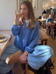 Lizakosht Solid Color Round Neck Long Sleeved Sweater Women Loose Blue Warm Pullover Autumn Winter Fashion Female Street Jumper